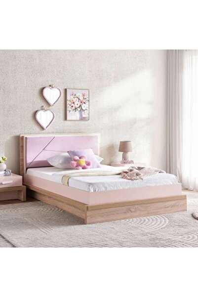 PAN HOME سرير فردي للأطفال من أنجل 120x200 - وردي وبلون البلوط