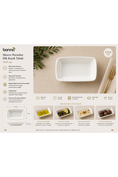 Bonnami Bonna Moove Porselen Dik Kayık Tabak 15x9 cm - Minimalist Beyaz Modern Sunum ve Servis Tabağı