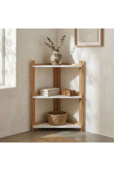 PAN HOME رف زاوية هيرا بثلاثة طبقات 30×30×60 سم - طبيعي/أبيض