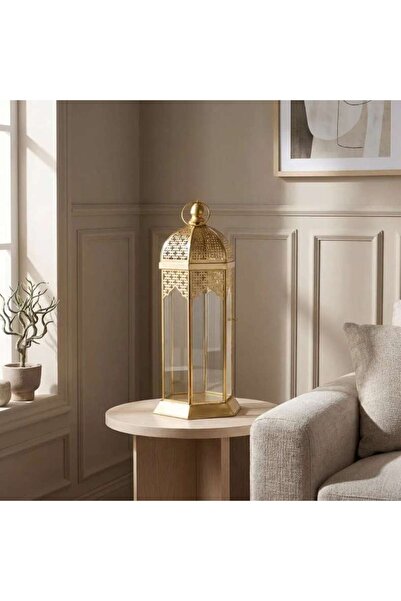 PAN HOME فانوس معدني مانارا مع زجاج شفاف 19x16x41 سم - ذهبي