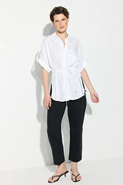 Gusto Beli Gathered Short Sleeve Linen Shirt - White