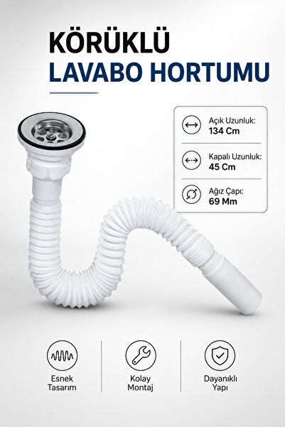 NZB Katlanır Körüklü Banyo Muftak Lavabo Hortumu Sifonu Gider Borusu 45-134 Cm