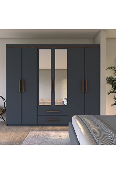 Metalia Gm820 Armina Lüx 6 Kapı 2 Çekmeceli Aynalı Ceviz-Antrasit Gri Gardırop