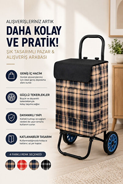Vadi Katlanabilir Alüminyum Gövdeli Pazar Arabası Su Geçirmez Ekose Çantalı S...