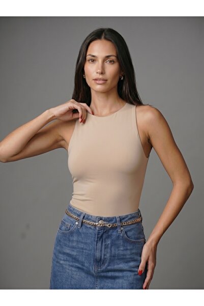 Noe Collection Kadın Bej Halter Yaka Slim Fit Likralı Bodysuit Günlük Şık Çıt...