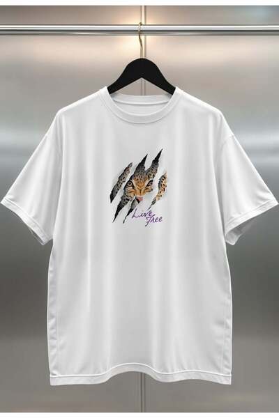 buzagi Live Free Digital Print Oversize White Unisex T-Shirt