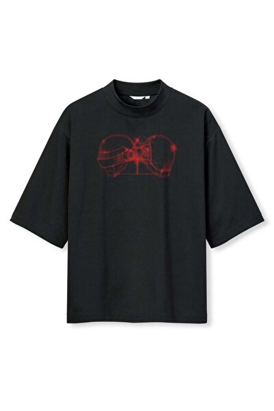 buzagi tasarım ürünleri Daft Punk Digital Print Oversize Black Unisex T-Shirt