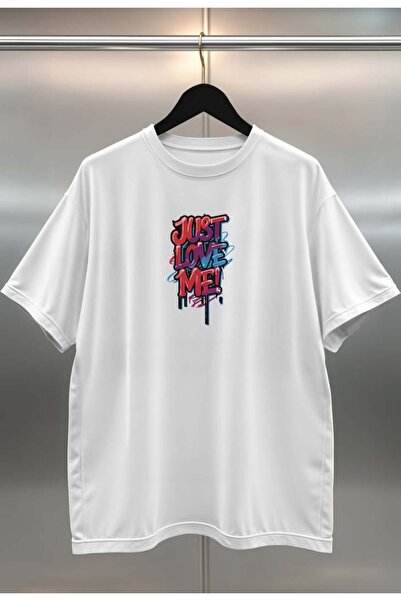buzagi tasarım ürünleri Just Love Me Digital Print Oversize Unisex White T-Shirt