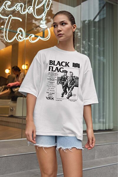 buzagi tasarım ürünleri Black Flag Oversize Unisex White T-Shirt