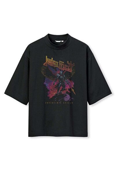 buzagi tasarım ürünleri Judas Priest Digital Print Oversize Black Unisex T-Shirt