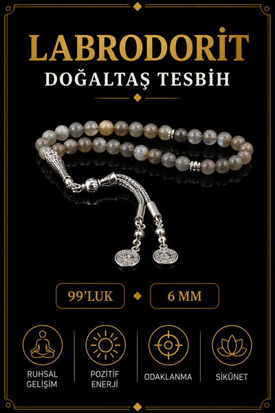 OSMANLI DEĞERLİ TAŞ 6 Mm Certified Labrodite Natural Stone Rosary - T211