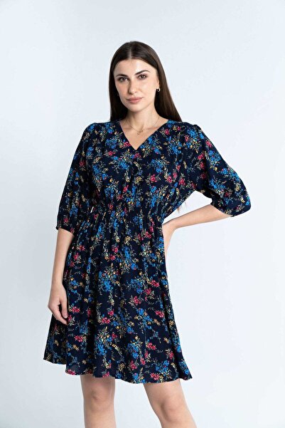 mica Floral Short Dress with 3/4 Sleeves and V-Neck for Women