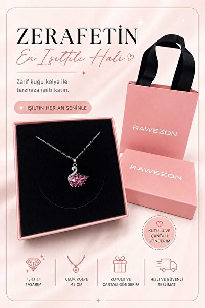 RAWEZON Silver Color Pink Stone Steel Swan Necklace with Box and Bag - Gift f...