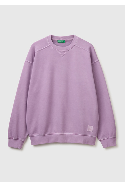 United Colors of Benetton Erkek Mor Pamuk Karışımlı Logo Detaylı Yuvarlak Yak...