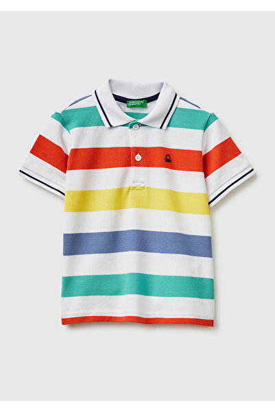 United Colors of Benetton Boy's Light Mix Striped Logo Embroidered Polo Colla...