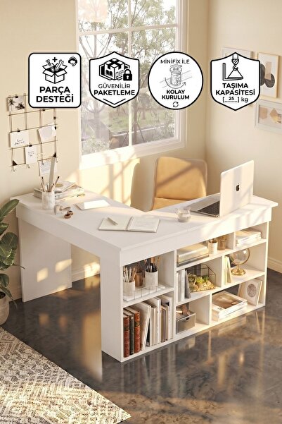 Yurupa Corner Kitaplık Raflı Çalışma Masası Beyaz COR5-W