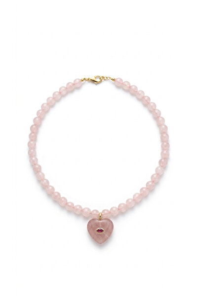 suayjewellery Pembe kuvars taş kalp kolye