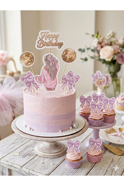 gökçem Pink girl temalı konsept parti pasta süsleri ( başlangıç seti)