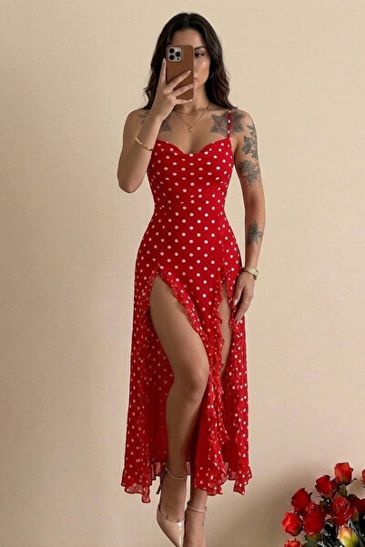Afitapbutikmoda Puantiyeli Çift Yırtmaçlı Uzun Elbise