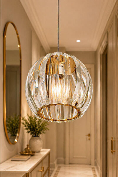 VENON Sarkıt Tekli Kristal Avize PARİS TEKLİ KRİSTAL TAŞLI YUVARLAK GOLD AVİZE