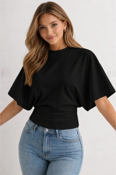 FLEX FASHION بلوزة نسائية سوداء بأكمام واسعة وقصة ضيقة عند الخصر