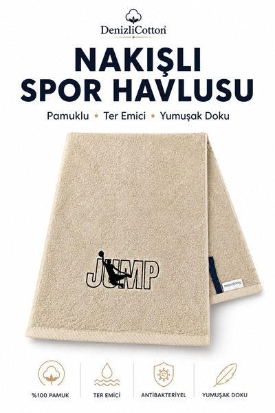 denizlicotton Prosop sport brodat bej 30x90 cm din bumbac, absorbant de trans...