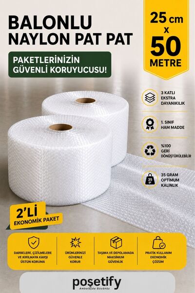 25 cm x 50 m Balloon Nylon Patpat | 1. Class | 3 Layers | 12.5 m² | 35 gr/m² | Thick Pat Pat Packing Roll
