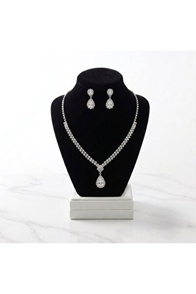 Nevara Luxury Silver Color Stone Shine Tear Design Necklace Earring Set for W...
