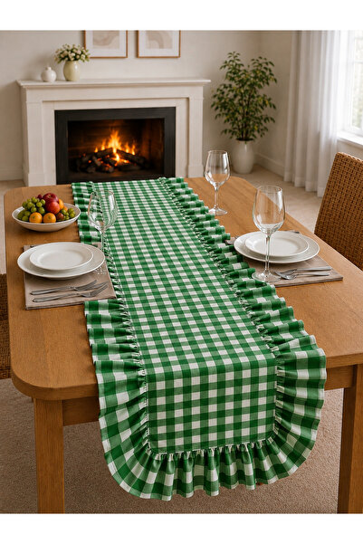 ŞAH TEXTILE DESIGN Green Gingham Ruffled Duck Linen Vintage Runner 40X150