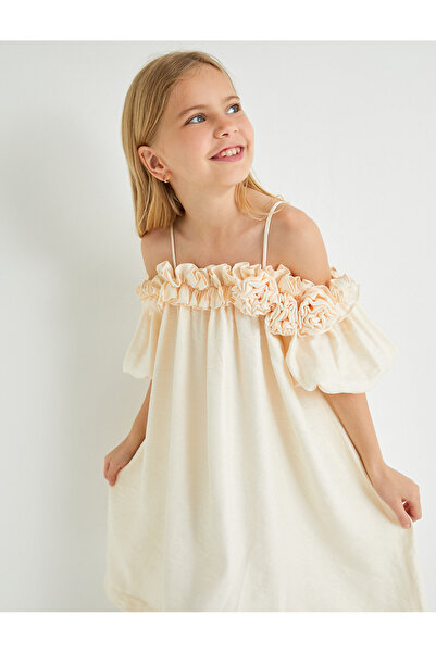 Koton Party Dress with Floral Pattern, Off-Shoulder Straps, and Balloon Sleeves