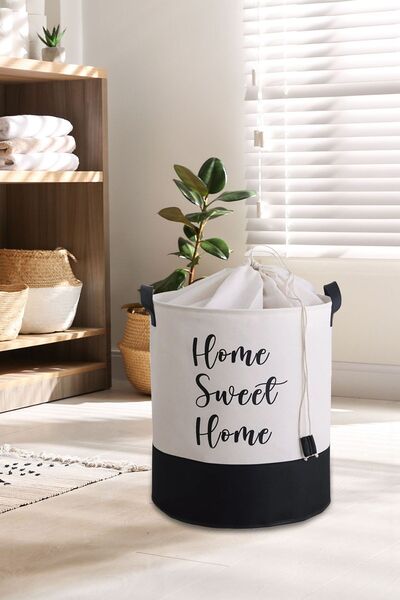 PH Prendi Home Beyaz Kumaş Fileli Home Sweet Home Baskılı Çok Amaçlı, Dekoratif Oyuncak Sepet