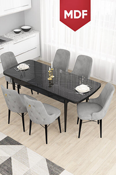 Canisa Concept Taç Serisi 80x132 MDF Siyah Mermer Desen Yemek Masası Takımı 6...