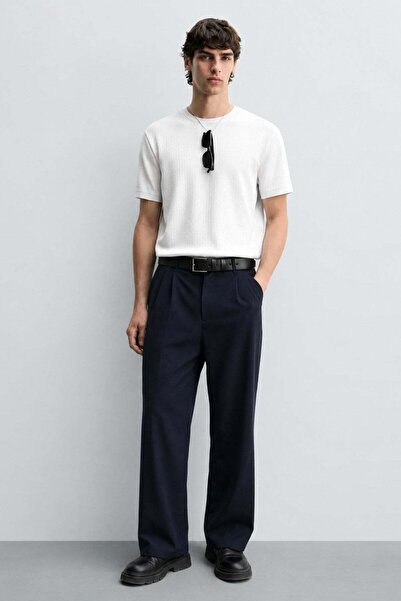 Madmext Navy Blue Pleated Relaxed Fit Trousers E6588