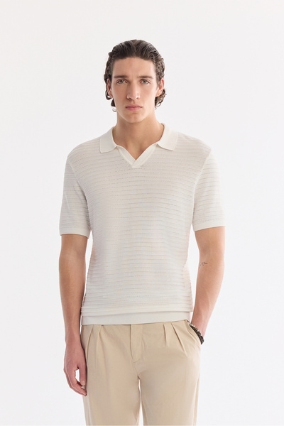 Avva Men's Ecru Polo Collar Buttonless Textured Knitwear Regular Fit T-Shirt ...