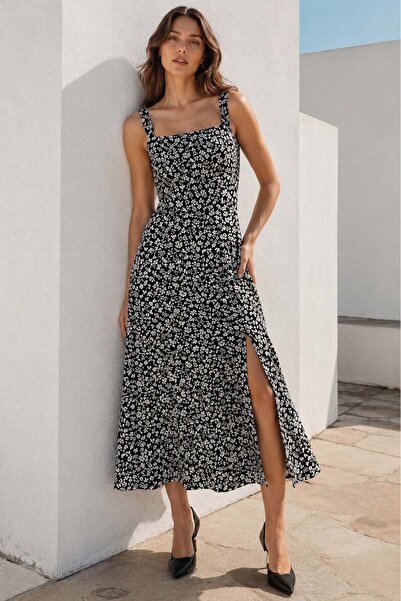 Madmext Black Patterned Slit Long Dress MG1868