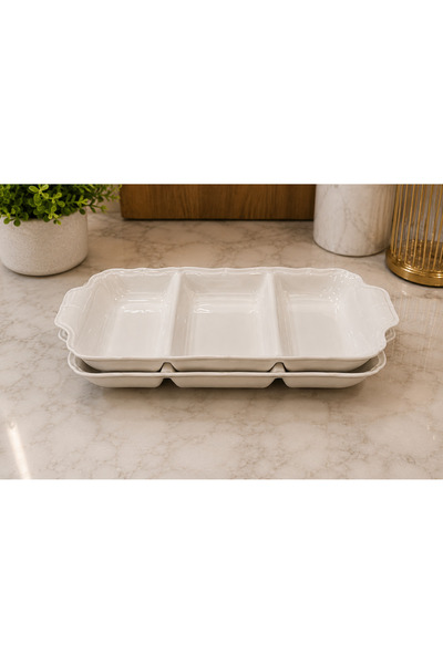 Aryıldız Bone Porselen 2 li 3 Bölmeli Çerezlik Servis Tabağı 30 cm