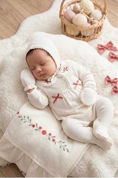 Cherub Baby طقم بطانية مطوية مطرزة بياقة على شكل هلال مصنوعة من القطن بنسبة 1...
