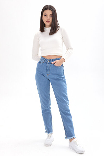 TOFİSA 23670-BUZ-MAVI Yüksek Bel Paça Püsküllü Mom Jeans
