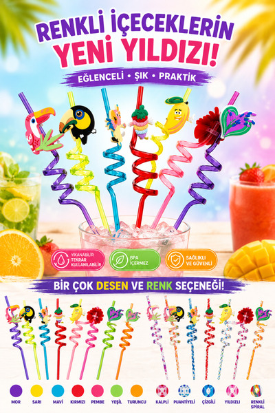 NAR ZÜCCACİYE 1 ADET Sevimli Renkli Emojili Pipet Kokteyl 1 Adet Pipet Yaz,Ço...