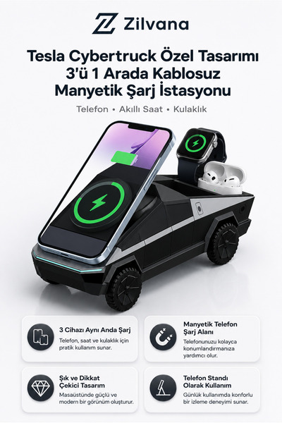 Zilvana Tesla Cybertruck Özel Tasarımı 3'ü 1 Arada Kablosuz Manyetik Şarj İst...