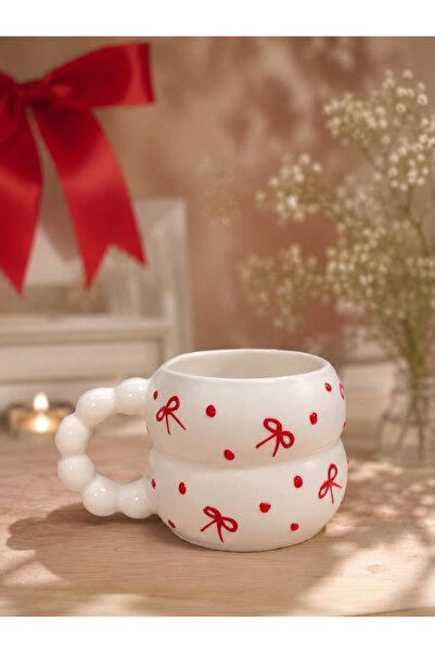 İZart Bead Handle Bow Patterned Custom Embossed Hand Embroidered Ceramic Mug