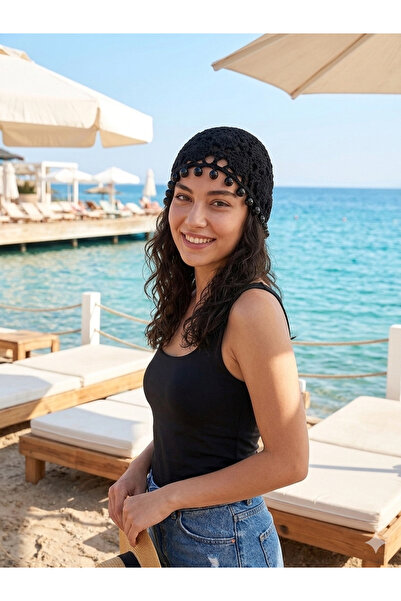 OTTO STORE Siyah Boncuk Detaylı File Bere - mesh