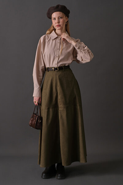 ZÜLAYS Segmented Suede Skirt Khaki