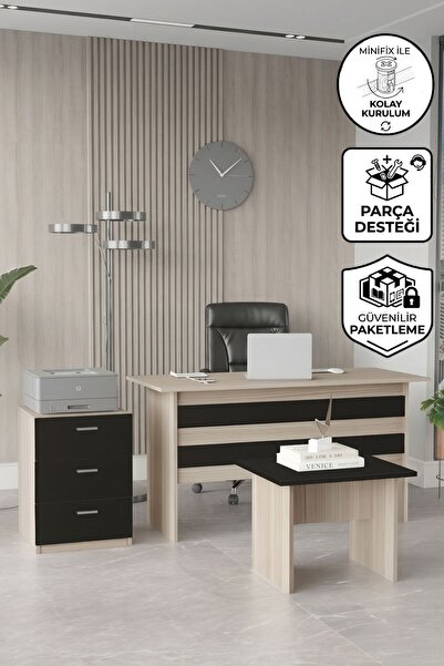 Yurupa Bega ABC Masa Sehpa Keson Ofis Büro Masa Takımı 3 Renk Meşe Siyah BEG9-OB