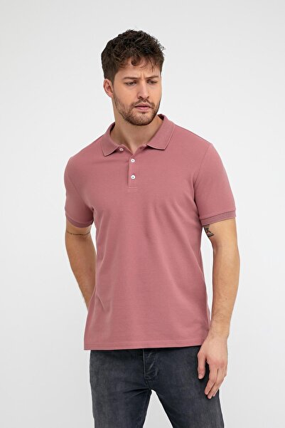 ENQUE Men's Solid Short Sleeve Basic Long Dusty Rose Polo Neck T-Shirt