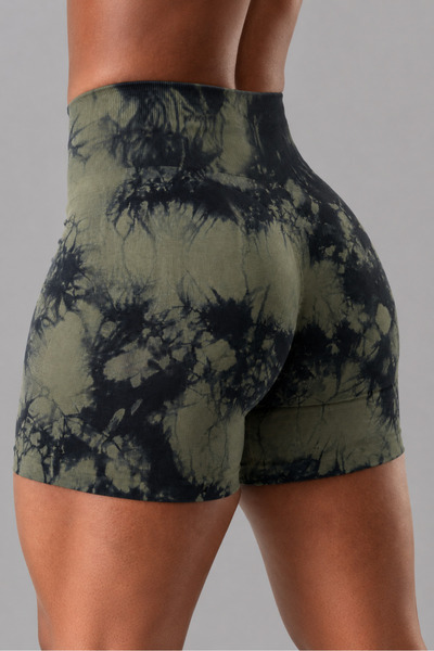 gymhams Khaki Green Batik Marble Shorts Hip Gathered Biker Shorts – Push-Up E...