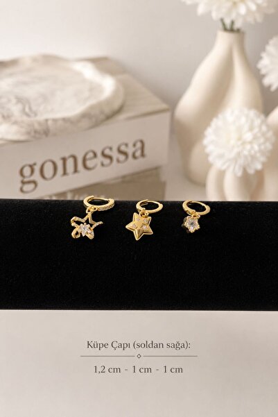 GONESSA 3-Piece Gold Earrings with Zircon Stones and Star Figures