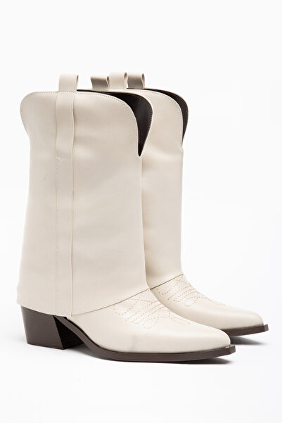 DENORA Beige Cream Matte Leather Trousers Flat Western Cowboy Boots