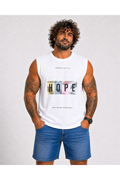 Starbattal Large Size Printed Sleeveless T-Shirt Hope 26124 White