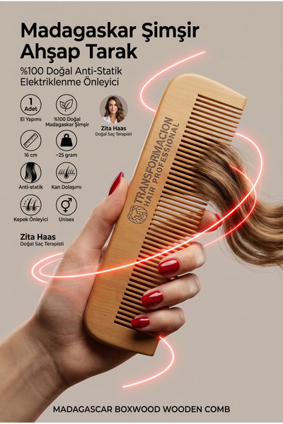 Transformacion Φυσική χτένα από ξύλο πυξάρι Μαδαγασκάρης - 16 εκ. Αντιστατική...